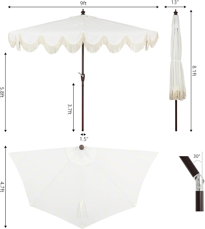 JONATHAN Y Beverly 9 ft. Striped Half Umbrella, Cream/Dark Brown | Coastal Scalloped Fringe, Crank Lift, 30 Degree Manual Tilt, UV 50 Polyester Canopy, Aluminum Frame, Space Saving Design