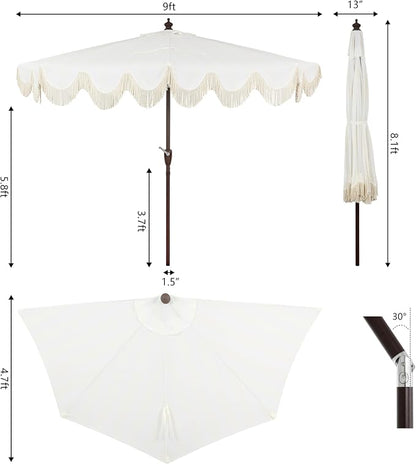 JONATHAN Y Beverly 9 ft. Striped Half Umbrella, Cream/Dark Brown | Coastal Scalloped Fringe, Crank Lift, 30 Degree Manual Tilt, UV 50 Polyester Canopy, Aluminum Frame, Space Saving Design