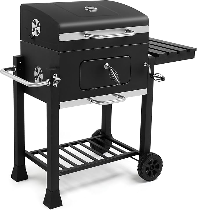 Charcoal Grill, BBQ Smoker with Handle and Side Table, Perfect for Outdoor Patio, Garden and Backyard Grilling, Black