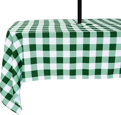 Poise3EHome Rectangle Outdoor Tablecloth with Umbrella Hole and Zipper,Green and White Gingham 104x60 Inch,SpillProof Washable Table Cloth for Spring Summer Patio Garden Poolside Picnic Camping BBQS
