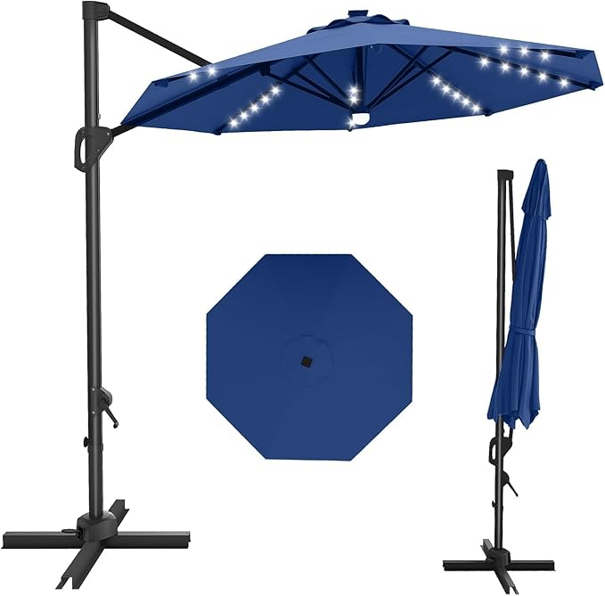 GarveeLife 10FT Patio Umbrella Outdoor Solar LED Large Cantilever Umbrella Market Sun Shade Windproof Offset Umbrella with 360-Degree Rotation for Garden Deck Pool Patio