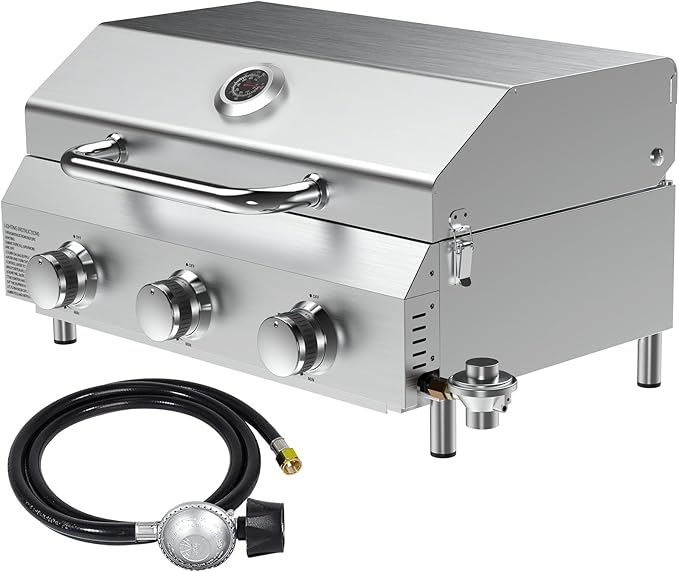 Llamaviva 3 Burner Gas Propane Grill with Dual Fuel Adapter,22500 BTU Stainless Steel Tabletop Portable Grill for Outdoor Barbecue Camping Cooking RV