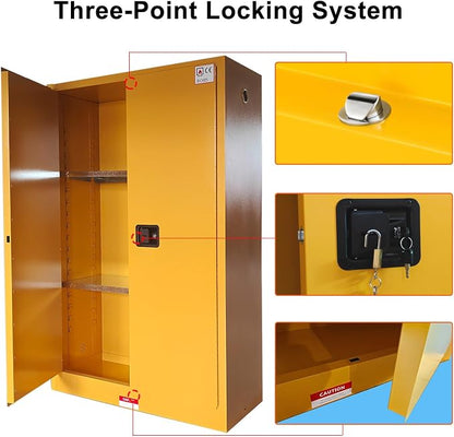 Flammable Liquid Storage Cabinet 43" x 18" x 65" Safety Hazardous Lockers | 45 Gal Fire Proof Safe, Double Wall Steel, 2 Manual Doors, Dual Locks, 2 Adjustable Shelves, For Gasoline Liquid Chemical