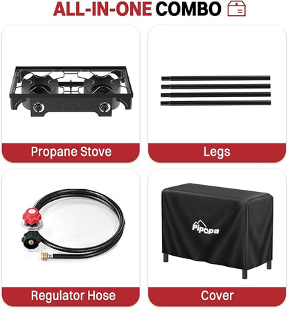 2 Burner Propane Camp Stove | 150,000 BTU | High Pressure Gas Burners | CSA Certified | Waterproof Cover | Detachable Legs | Ideal for Camping Tailgating Backyard Outdoor Cooking