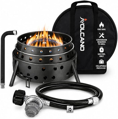 Volcano 2 Collapsible Grill Bundle, Portable Charcoal/Wood Grill Stove with Burner Ring Accessory, Folding Steel Camp Cooker, Carry Case Included for Camping, Tailgating & Outdoor Cooking