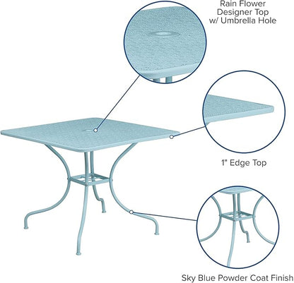 Flash Furniture Oia Commercial Grade 35.5" Square Sky Blue Indoor-Outdoor Steel Patio Table with Umbrella Hole