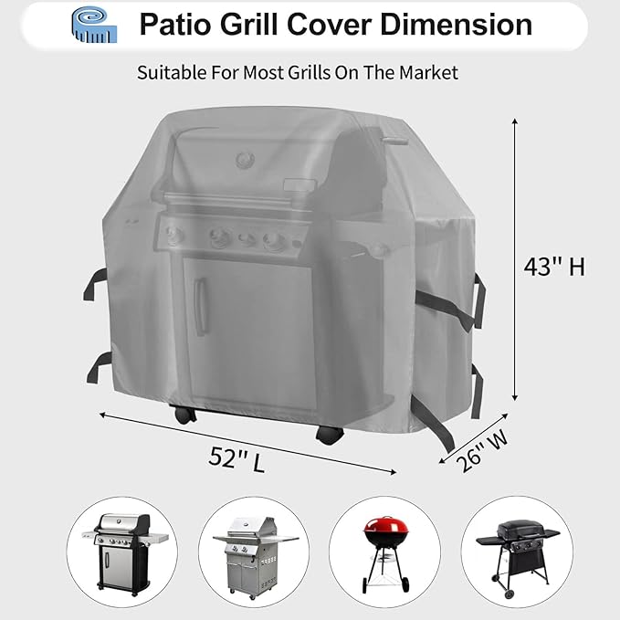 OutdoorLines Waterproof Heavy Duty BBQ Grill Cover - Universal Barbecue Grill Covers UV Resistant Barbeque Gas Grill Cover for Outdoor Outside Grill, 52L x 26W x 43H Inch, Gray
