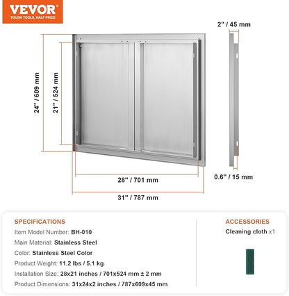 VEVOR BBQ Access Door - 31" W x 24" H Stainless Steel Flush Mount Vertical Door with Recessed Handles,for BBQ Island, Grilling Station, Outside Cabinet