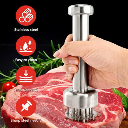 Meat Tenderizer Tool, Stainless Steel with 21 Sharp Needles & Retractable Safety Guard for Meat Piercing, Tenderizing Steak, Beef, Chicken, Pork, Dishwasher Safe