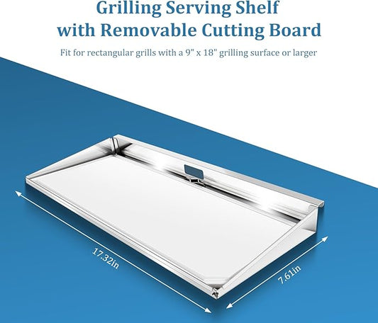 Marine Rectangular Grill Serving Shelf with Removable Cutting Board, for Rectangular Grills with a 9" x 18" Grilling Surface or Larger, Quick Attachment &Removal, Marine Grade Stainless Steel
