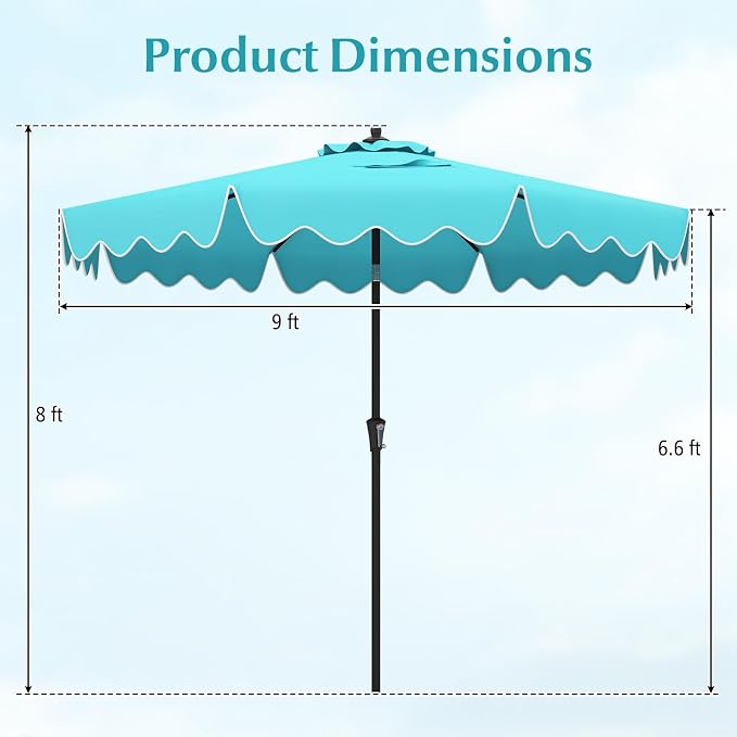 Tangkula 9Ft Patio Umbrella with Crank, 2-Tier Outdoor Umbrella with Push Button Tilt, Sun-Protective Canopy, 8 Ribs, Scalloped Patio Umbrella for Outdoor Beach Deck Pool Table (Turquoise)