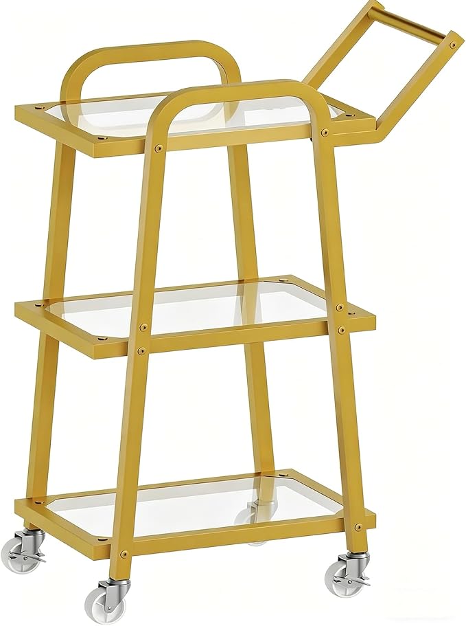 Bar Cart, 3-Tier Serving Cart for Home, Mobile Drink Cart with Wheels, Rolling Kitchen Cart, for Home Bar, Party, Living Room, Gold BC07GD