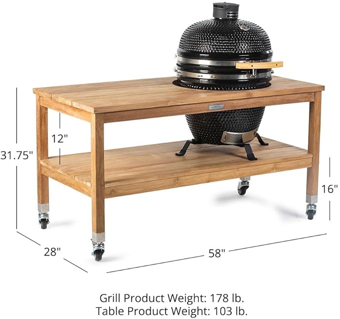 Ash & Ember 18" Kamado Grill Kit with Grade A Teak Table, Spacious Shelves, Built-In Thermometer, Airflow Vent, Heat Deflector, Ash Drawer, Ash Tool, Clip Tool, Protective Cover Included