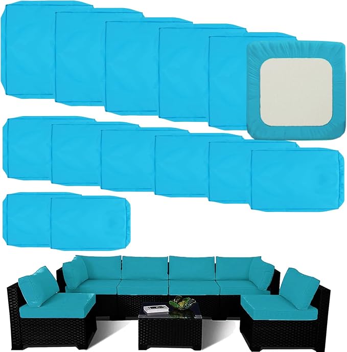 Outdoor Cushion Covers Replacement 14 Pcs, Teal | Patio Cushion Covers fit for 7Pieces 6-Seater Wicker Rattan Sectional Couch Sofa Outdoor Cushion Slipcovers Set
