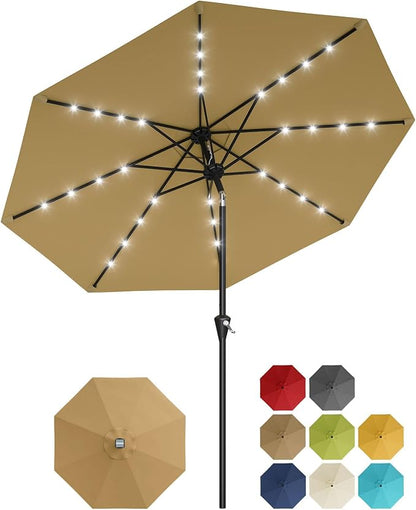 Garvee 9FT Solar Patio Umbrella Outdoor Umbrella with 32 LED Lights | Crank Lift, Push Button Tilt & 8 Sturdy Ribs, UV Resistant Waterproof Market Umbrella for Pool, Yard, Garden(Tan)