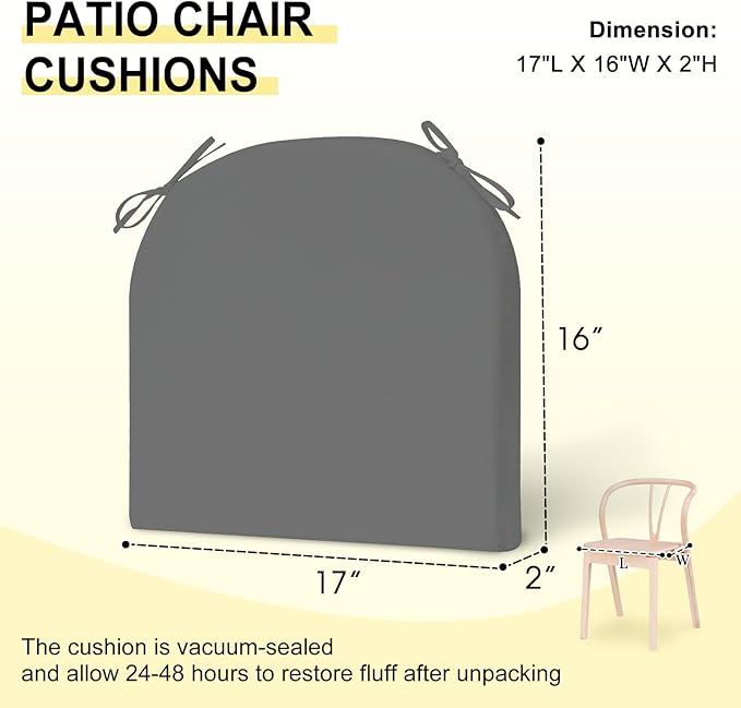 downluxe Outdoor Chair Cushions Set of 2 for Patio Furniture, Water-Resistant Patio Chair Cushions with Ties, High Density Foam Outdoor Seat Cushion, 17" X 16" X 2", Dark Grey