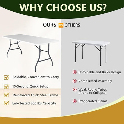 Folding Table, 6FT Foldable Picnic Table with Carrying Handle, Heavy Duty Fold-in-Half Portable Table for Weddings, Camping, RV Travel, Parties, BBQs, and Indoor Use, Easy to Fold and Store, White