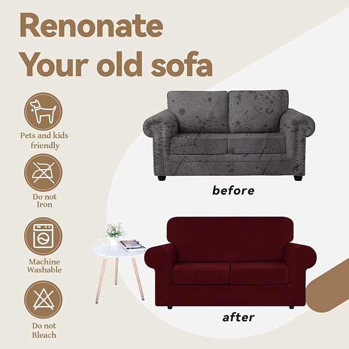 WEERRW Velvet Stretch 3 Pieces Couch Cover for Sofa Washable, Burgundy | Love Seat Couch Covers for 2 Cushion Couch Sofa Furniture Protector slipcoves with Elastic Bottom for Kids, Medium