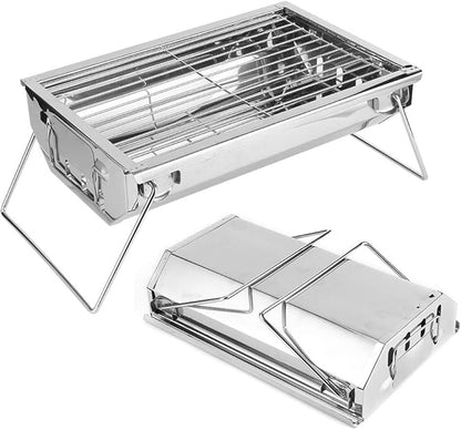 Folding Charcoal Grill Stainless Steel BBQ Tool for BBQs, Picnics, and Camping, Easy to Assemble and Clean, Outdoor Cooking Grill for Burgers, Fish, 13.1x8.9x3.1in, Silver