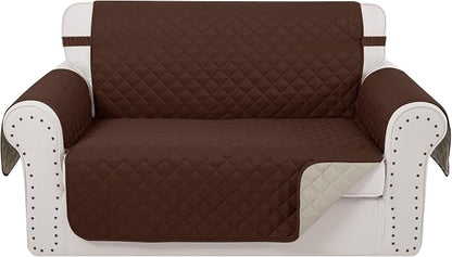 Reversible Loveseat Couch Sofa Covers, 2-Seater, Brown | Loveseat Covers for Dogs Water Repellent, Friendly Furniture Protector with Elastic Straps for Living Room