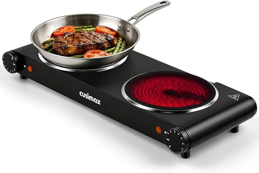 CUSIMAX Double Burner, 1800W Electric Burner Ceramic Hot Plate for Cooking, Dual Control Infrared Burner, Glass Plate Electric Cooktop, Stainless Steel-Upgraded Version