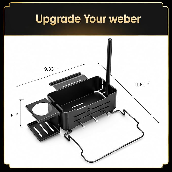 QuliMetal Weber Works Grill Rail Organizer, 5-in-1 BBQ Storage Basket with Paper Towel Bar, Bag Holder, Cup Tray & Tool Hooks, Side Rail Caddy for Weber Slate, Spirit, Genesis, Performer