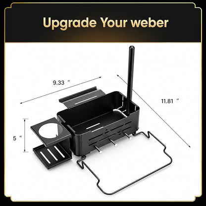 QuliMetal Weber Works Grill Rail Organizer, 5-in-1 BBQ Storage Basket with Paper Towel Bar, Bag Holder, Cup Tray & Tool Hooks, Side Rail Caddy for Weber Slate, Spirit, Genesis, Performer