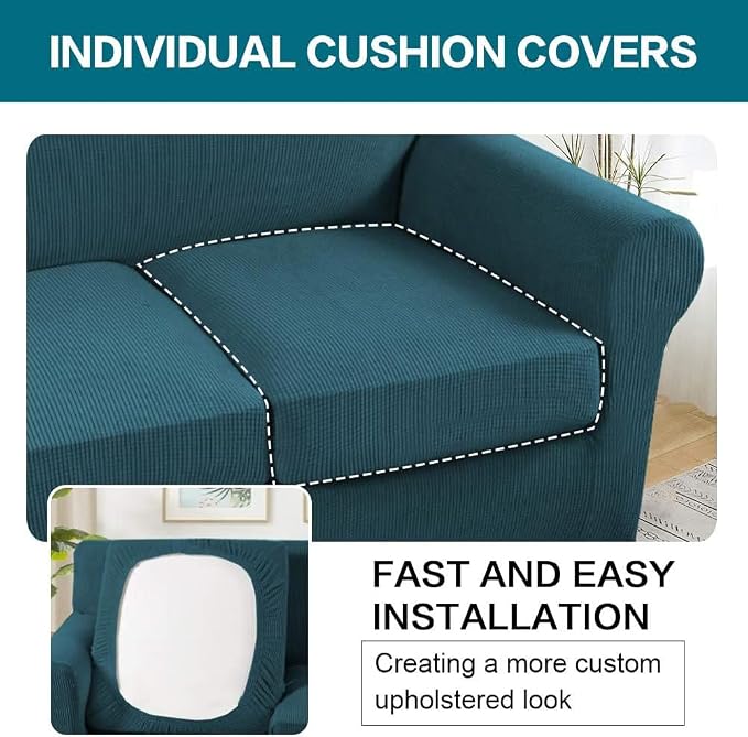 Turquoize 4 Piece Sofa Covers for 3 Cushion Couch Sofa Slipcover Soft Couch Cover for Dogs-Washable Sofa Furniture Covers with 3 Individual Cushion Covers, Jacquard Fabric (3 Cushion Sofa, Deep Teal)