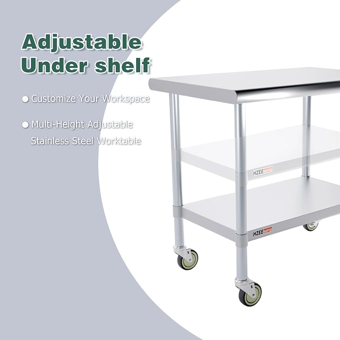 Stainless Steel Table with Wheels 36x24 Inches 3ft for Prep & Work | Heavy Duty Metal Workbench with Casters for Commercial Kitchen Restaurant Laundry Garage Home Hotel Workshop Chef Homemaker