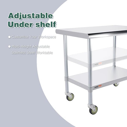 Stainless Steel Table with Wheels 36x24 Inches 3ft for Prep & Work | Heavy Duty Metal Workbench with Casters for Commercial Kitchen Restaurant Laundry Garage Home Hotel Workshop Chef Homemaker
