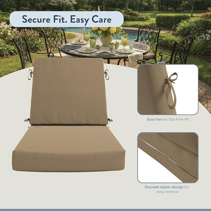 California Umbrella Outdoor Dining Chair, Set of 2 Patio Seat Cushions, 20 x 40 Inch, Premium Outdoor Memory Foam, Fade Resistant, Sunbrella Fabric, Fabric Ties, Heather Beige