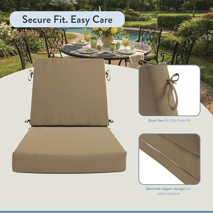 California Umbrella Outdoor Dining Chair, Set of 4 Patio Seat Cushions, 20 x 40 Inch, Premium Outdoor Memory Foam, Fade Resistant, Sunbrella Fabric, Fabric Ties, Heather Beige