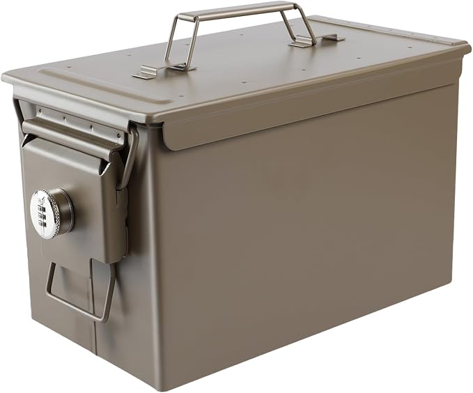 Ammo Can & Ammo Box, Fireproof & Waterproof Metal Storage Box - Perfect for Ammo, Lithium Batteries & RC Car Batteries (Round Lock, Khaki-12.8 * 7.4 * 6.1")