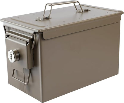 Ammo Can & Ammo Box, Fireproof & Waterproof Metal Storage Box - Perfect for Ammo, Lithium Batteries & RC Car Batteries (Round Lock, Khaki-12.8 * 7.4 * 6.1")