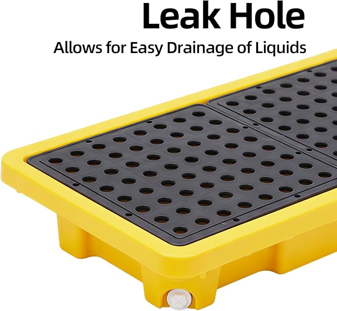 2 Pcs Spill Containment Pallet, 2-Drum Plastic Platform with Drain Outlet, 2000Lbs Load 26”x14”x4.7”, Leakproof Stackable Tray for Garage/Kitchen/Basement/Industrial Storage
