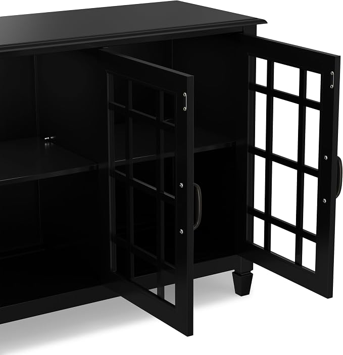 SIMPLIHOME Connaught 60" Wide Solid Wood Buffet Cabinet in Black | Traditional sideboard with glass doors, adjustable shelves and notched legs for the dining room, entryway or living room.
