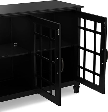 SIMPLIHOME Connaught 60" Wide Solid Wood Buffet Cabinet in Black | Traditional sideboard with glass doors, adjustable shelves and notched legs for the dining room, entryway or living room.