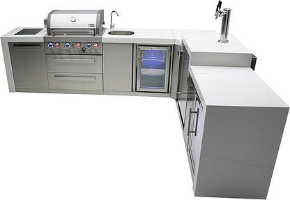 Mont Alpi 120"W x 98"D Deluxe L-shaped Stainless Steel Outdoor Kitchen Island + Refrigerator Faucet & Sink + 3-tap Kegerator Beer Dispenser + 32"W 4-Burner BBQ Grill + Side Burner + Rotisserie + Cover
