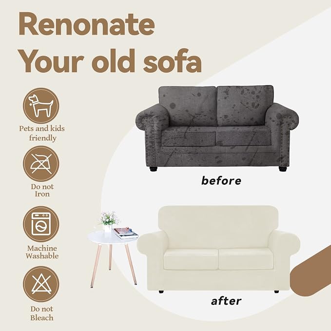 WEERRW Velvet Stretch 3 Pieces Couch Cover for Sofa Washable, Ivory | Love Seat Couch Covers for 2 Cushion Couch Sofa Furniture Protector slipcoves with Elastic Bottom for Kids, Medium