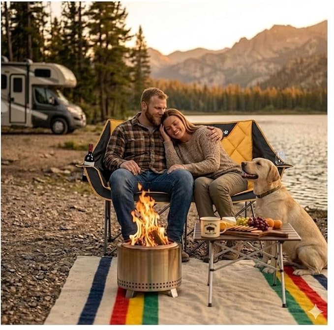 EMERIT Oversized Double Duo Camping Chair Folding Camping Loveseat 2 Person Camping Couch Heavy Duty Lawn Chairs for Outside with Padded Seats & Armrests-Support 650LBS