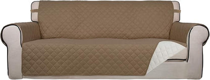 PureFit Reversible Quilted Sofa Cover, Water Resistant Slipcover Furniture Protector, Washable Couch Cover with Non Slip Foam and Elastic Straps for Kids, Dogs, Pets (X Large , Camel/Ivory) | Camel/Ivory, Water Resistant Couch Protector, Washable Pet C...