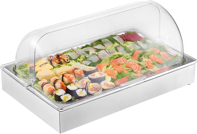 VEVOR Countertop Food Serving Display Container, 1 x 1 Pan Stainless Steel Food Serving Tray, Buffet Condiment Dispenser Display Rack with Clear Lid & 3 Ice Trays, for Restaurant Hotel Kitchen Party