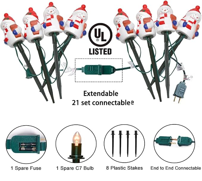 GOOTHY 2 Sets Snowman Christmas Pathway Lights, 7Ft C7 Outdoor Christmas String Light with 8 Snowman Stakes Lights, Connectable Christmas Decorations Pathway Light for Yard Garden Driveway Walkway