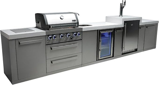 Mont Alpi Premium 168"W x 23"D x 55"H Stainless Steel Outdoor Kitchen Island with Refrigerator Faucet & Sink + 3-tap Kegerator Beer Dispenser + 32"W 4-Burner BBQ Grill + Granite Countertops + Storage