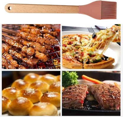 2Pcs Silicone Heat Basting Brush,Oil Brush with Wooden Handle,Practical Pastry Brush Food Brushes for Kitchen Cooking,Pink and Grey