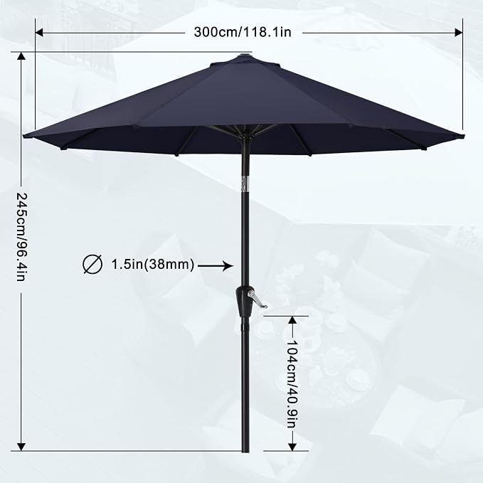MASTERCANOPY 10ft Patio Umbrella with Tilt & Crank, Navy Blue | 8 sturdy ribs;UV/water resistant;Vent;easy setup;for garden/deck/backyard/pool