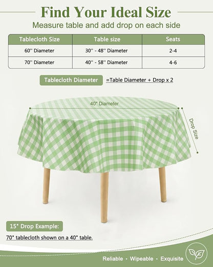 Seenus Light Green Gingham Vinyl Round Tablecloth with Flannel Backing, Waterproof & Wipeable Checkered Table Cloth for Kitchen Patio and Backyard Garden, 60 Inch Circular (Fits 30-48" Tables)