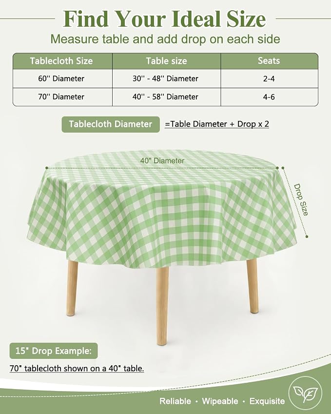 Seenus Flannel Backed Gingham Plastic Tablecloth, Waterproof & Wipe Clean Light Green Checkered Round Table Cover for Family Gathering and Patio Dining, 70 Inch Round (Fits 40-58" Tables)