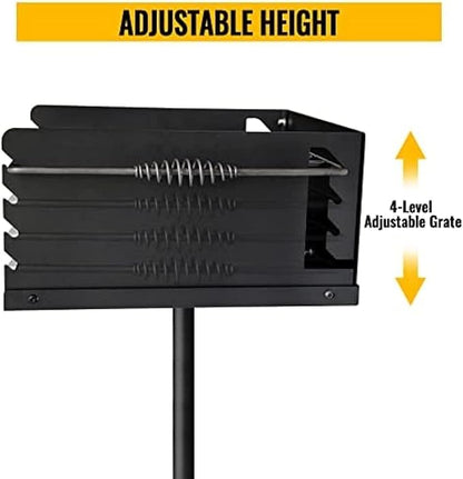 Park Style Charcoal Grill With Grate, Single Post Carbon Steel 50 Inch Height Pole, Heavy Duty Outdoor Park Grill For BBQ, Camping, Backyard,16x16 Inch
