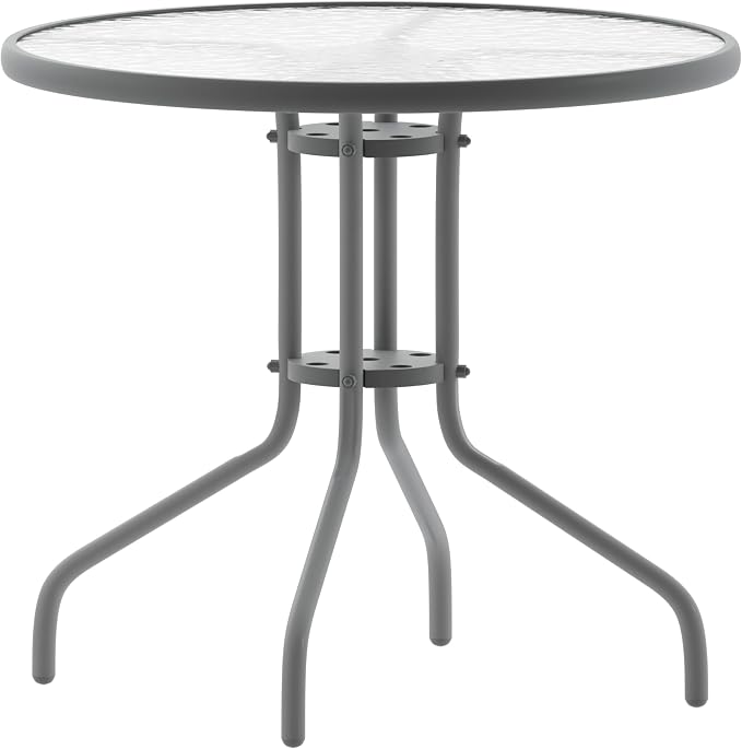 Flash Furniture 31.5 in Metal Round Table, Silver | Tempered Glass Top